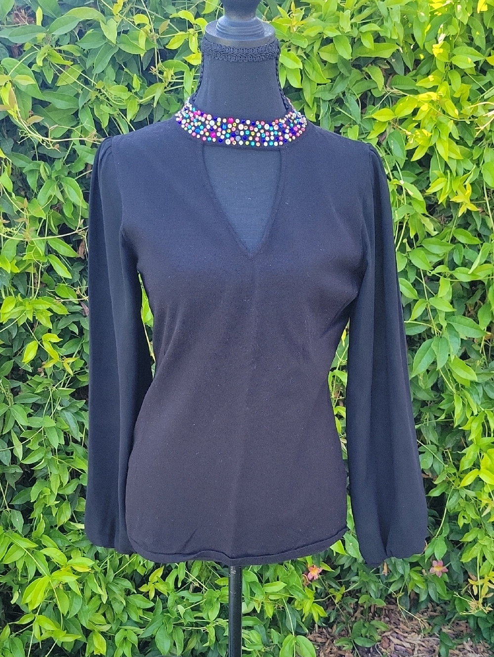 Black Knit Ling Sleeve with Multicolor Beaded Jewel Collar S